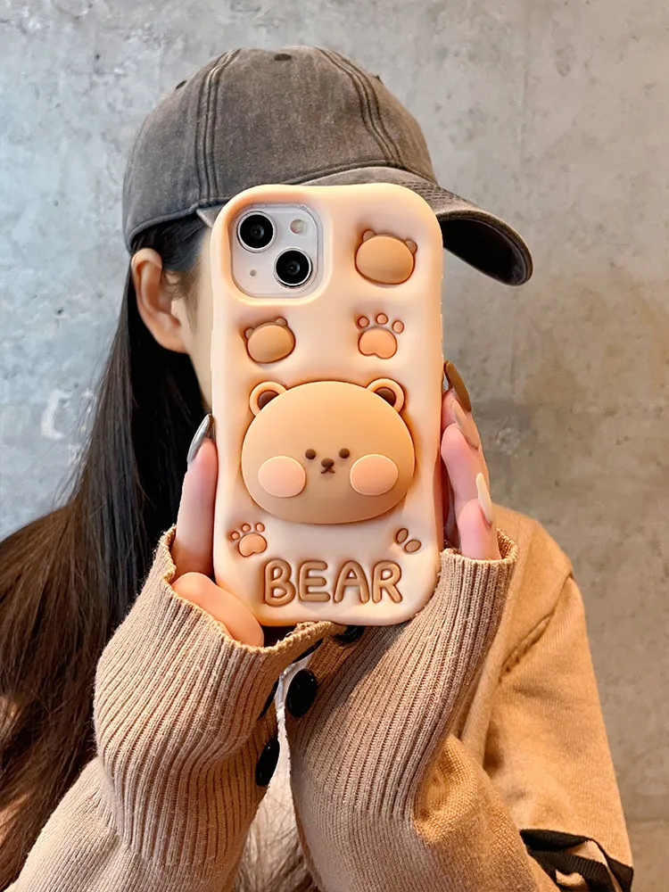 Schöne 3D Bär Versteckte Halter Stehen Silikon Telefon Fall Für iPhone 11 12 13 14 15 16 Pro Max XS XR X 7 8 Plus Nette Mädchen Abdeckung – Detail 10