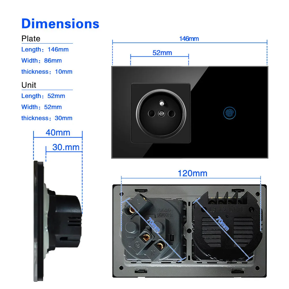 Szaoju French Touch Light Switch Smart Power Socket Plug Wall Power Crystal Glass Panel 16A French Socket 146*86mm Grounding