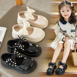 Congme 1-6 Yrs Girls Leather Shoes Baby Toddler Kids Bow Pearl Flat Shoes Black White Princess Doll Shoes Dress Shoes