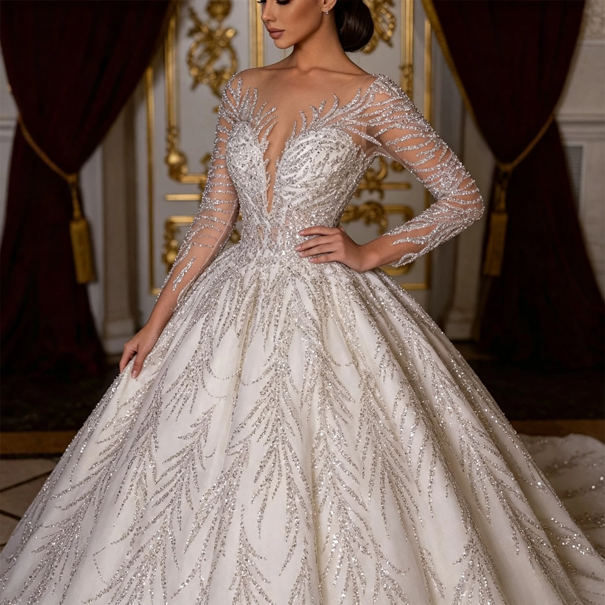 Customized Elegant A Line Sweetheart Long Sheer Sleeve Wedding Dresses Exquisite Rhinestone Beaded Floor Length Bridal Gowns