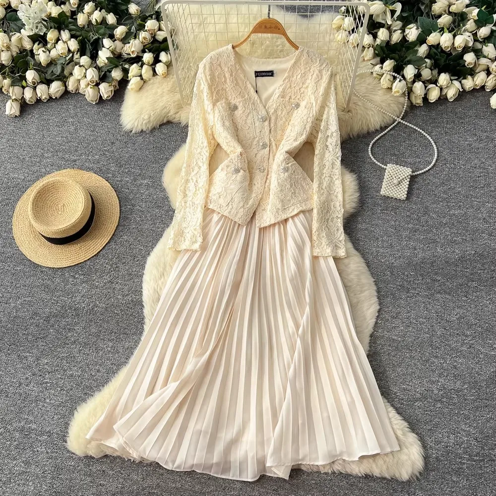 

Autumn Runway Embroidery Lace Patchwork Evening Prom Dress Women V-Neck Long Sleeve Beaded Buttons Office Lady Work Vestidos
