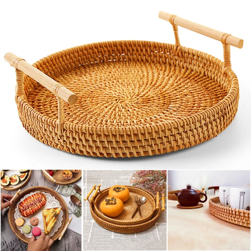 

1/3PC Round Handwoven Rattan Storage Basket with Strap Handles Bread Fruit Snack Tray for Picnic Home Kitchen Organization Decor