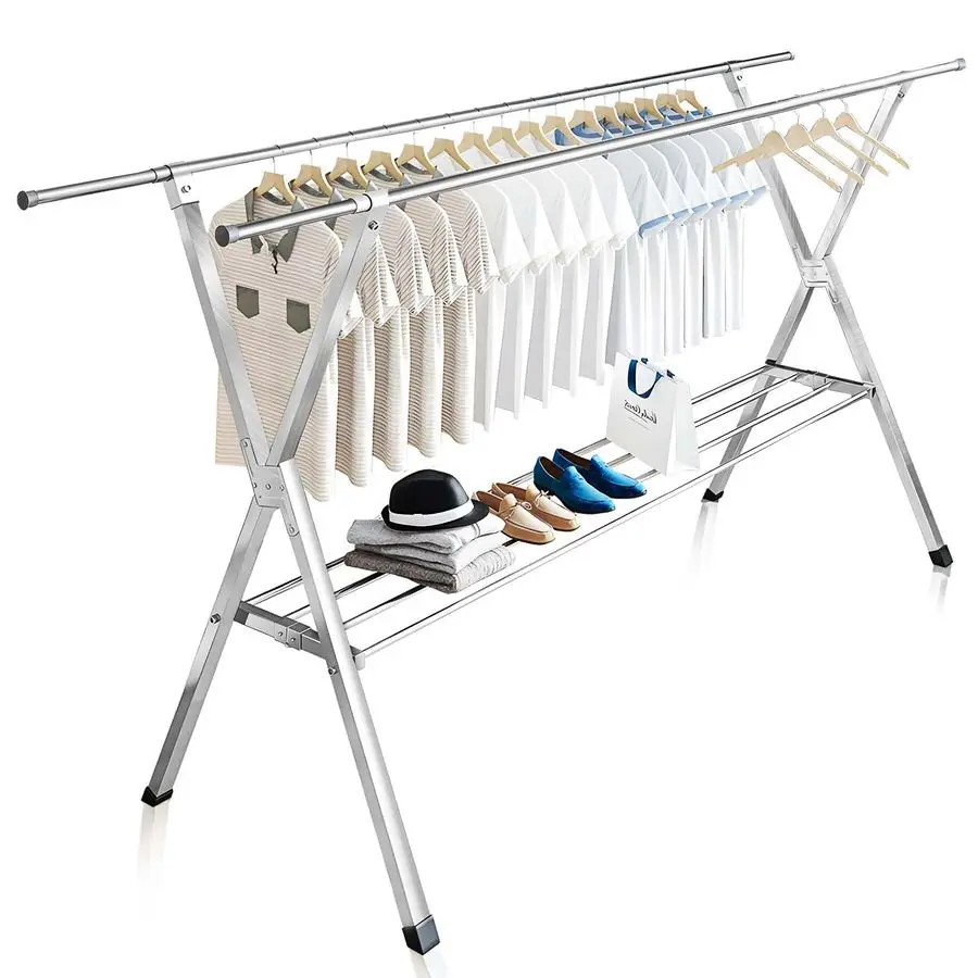 Clothes Drying Rack 2 Tiers, Heavy Duty Drying Rack Clothing Folding Indoor Outdoor, Stainless Steel Laundry Drying Rack, Foldab
