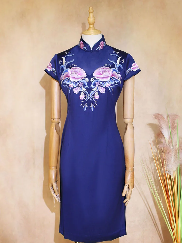 

Tao Yumei New Heavy Embroidery Improved Silk Dr Women's Slim Fit Spring Summer Vintage Sle Midi Length Qipao