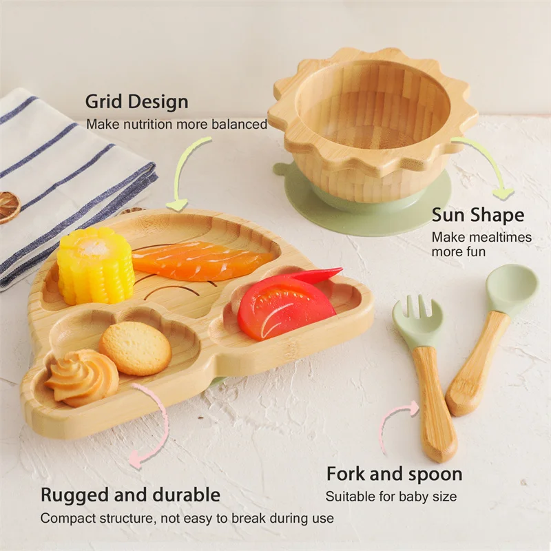 4pcs Bamboo Wood Sun Bowl Clouds Tableware Suction Plate Bowl Baby Dishes Feeding Dishes Spoon Fork Set Bamboo Newborn Tableware