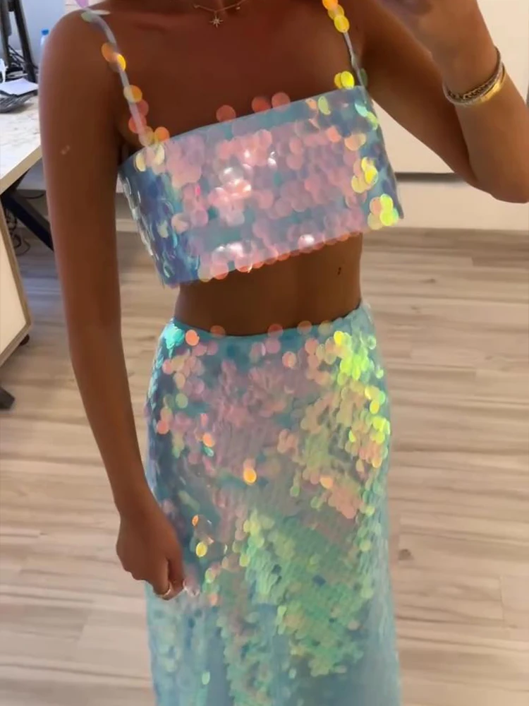 

Women Sequin Slip Top Maxi Skirt Set Beads Sexy Halter Crop Blouse Vest Suspender Beach High Waist Long Skirts Suit Summer New