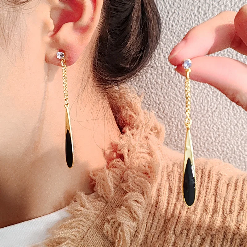 Silver needle inlaid diamond oil drop earrings Korean personality fashion niche design women's earrings long earrings