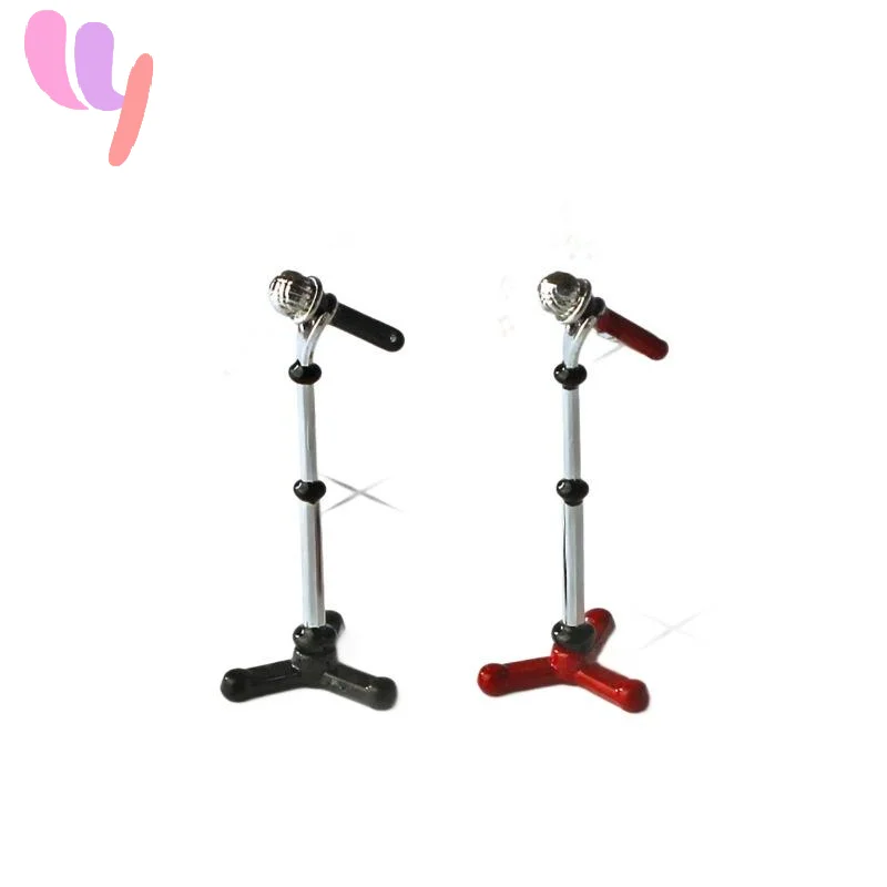 1 pçs decoração de casa de boneca 1/12 acessórios para casa de bonecas miniaturas simulação mini microfone de liga com suporte modelo brinquedo