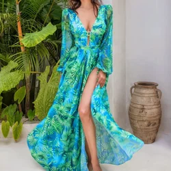 2025 Traje de baño de una pieza con estampado verde jungla de manga larga para mujer y falda Traje de baño para mujer Traje de baño de verano