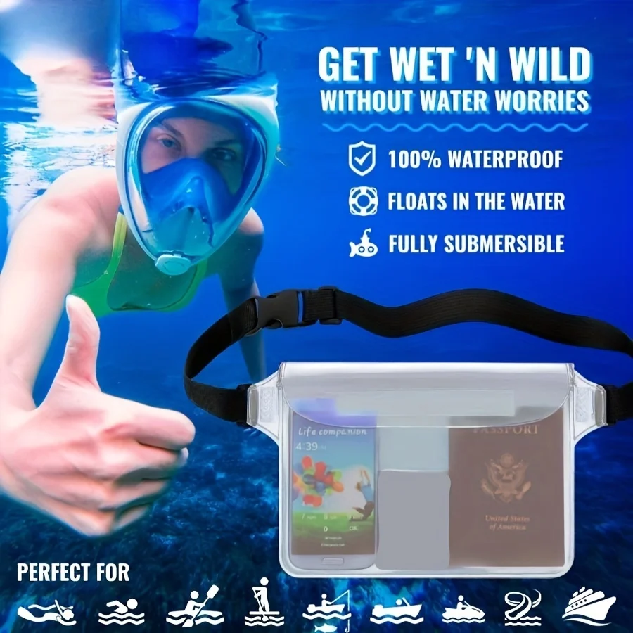 Bolsa impermeable de PVC para natación y buceo, paquete de cintura para buceo, funda de teléfono móvil subacuática para exteriores, 2 piezas