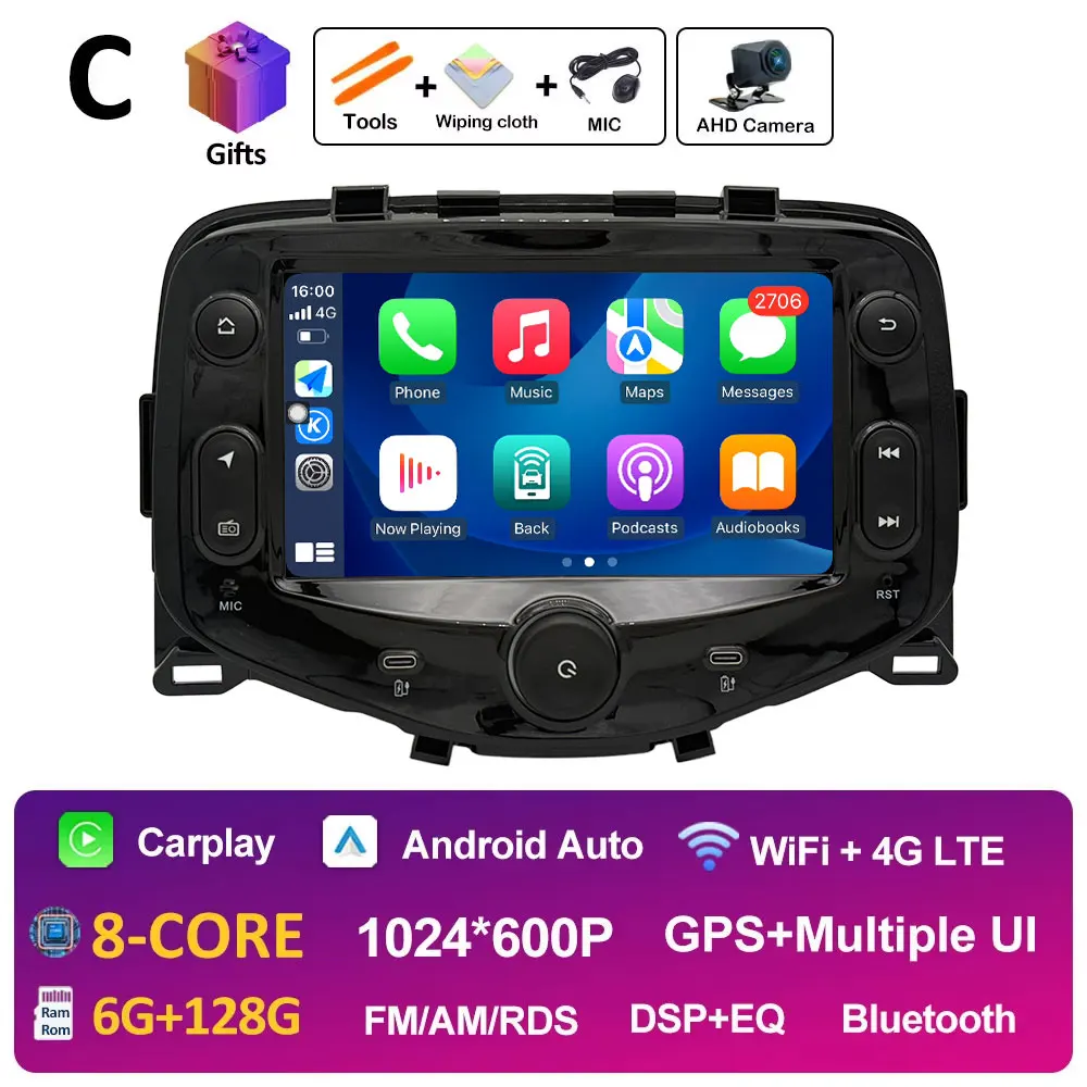 7 "Touchscreen Auto Android 14 voor Toyota Aygo Peugeot 108 Citroen C1 2016 2017-2020 Navigatie GPS DSP Stereo CarPlay Auto
