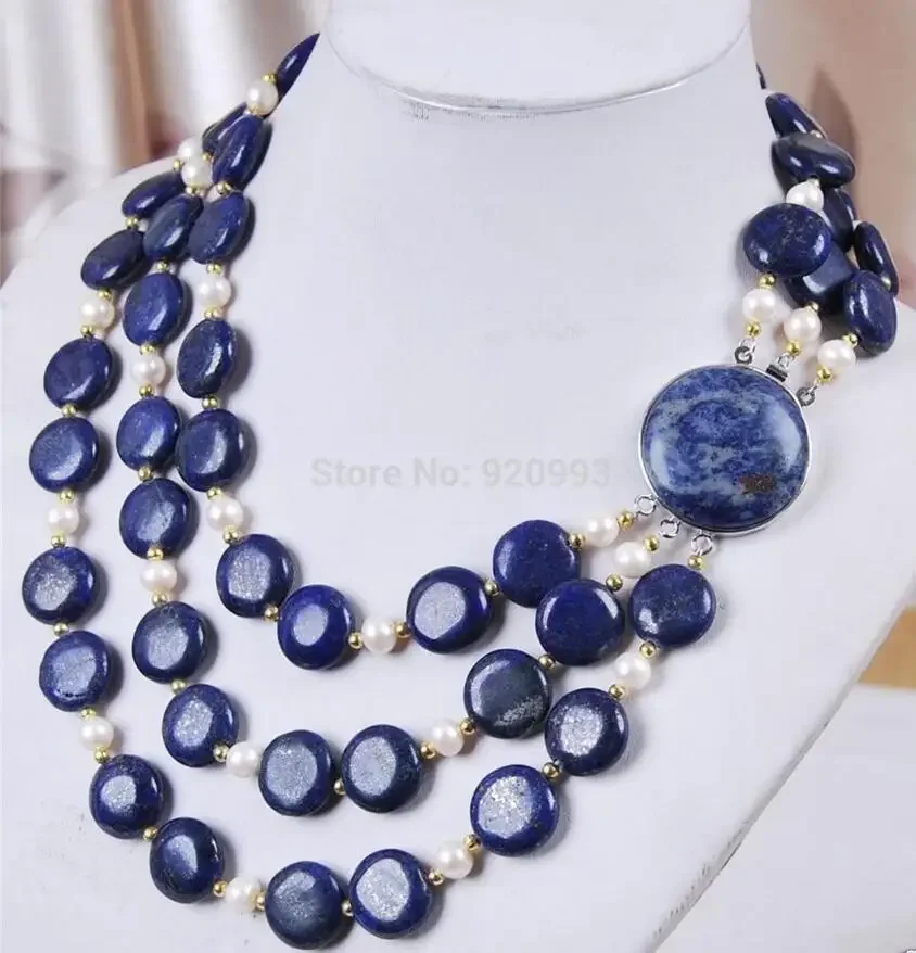 Fashion jewelry    3Rows White Pearl Natural 10mm Coin Lapis Lazuli Jewelry Necklace 18 --20