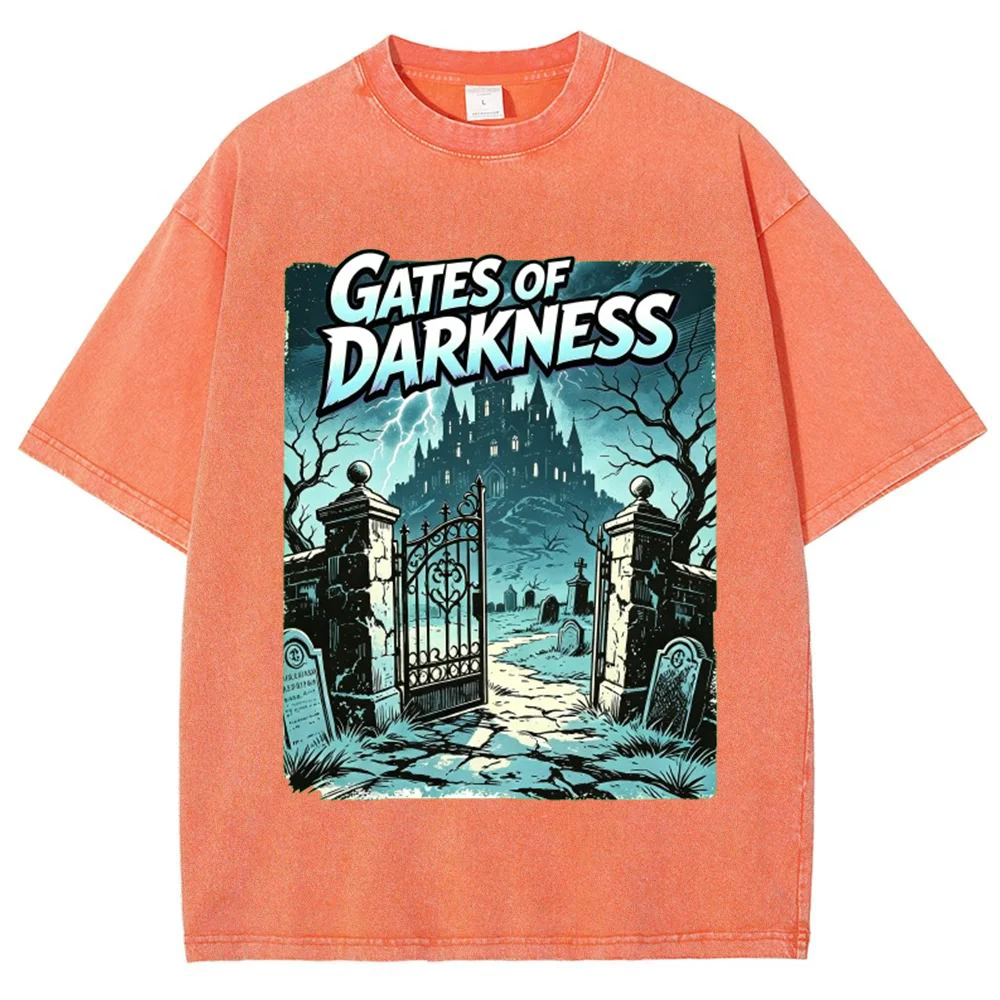 Men  Vintage Gothic Graphic T Shirt Dark Castle Graveyard Gates Of Darkness Print Casual Streetwear Short Sleeve Top ﻿