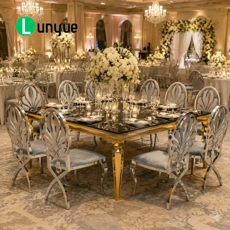 Luxury Gold Stainless Steel Legs Tempered Glass Top Table and Chair Set for Hotel Wedding Party Event Banquet Furniture