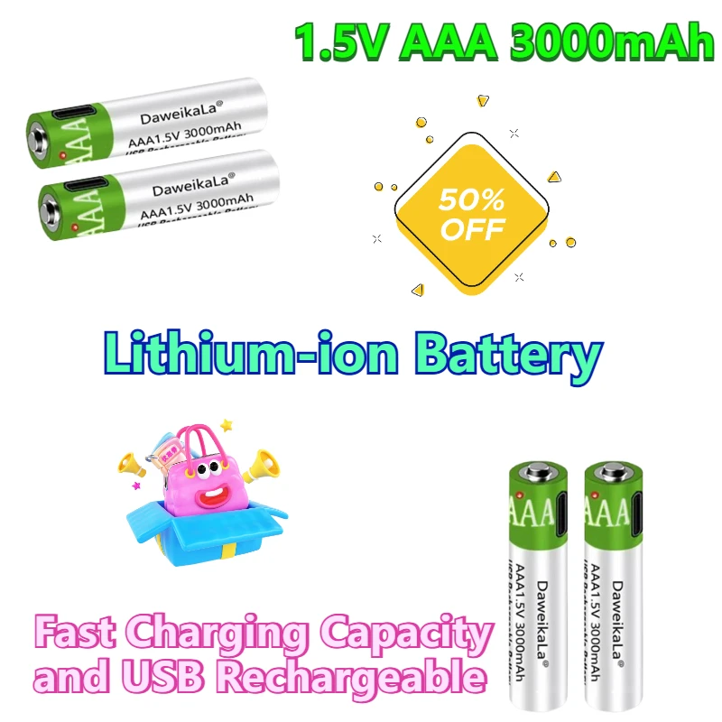 

AAA 1.5V 3000mAh Lithium-ion Battery with Fast Charging Capacity and USB Rechargeable