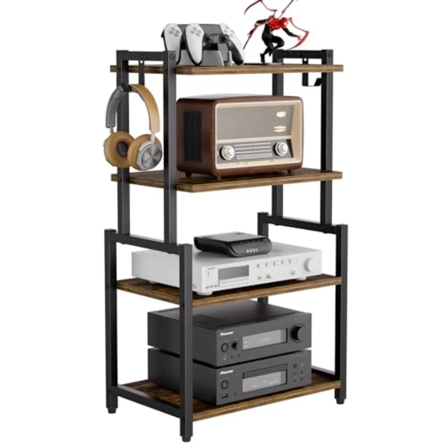 4-Tier AV Media Corner Shelf Game Console Stand with 2 Hooks Stereo Audio Component Rack Small Entertainment Center for Video G
