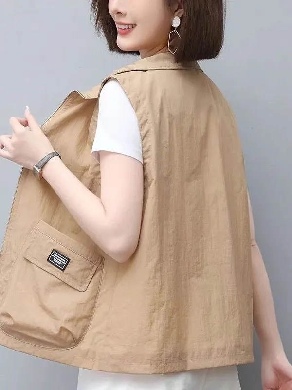 Women's Short Sleeveless Jacket Loose Casual Summer New Style Outerwear Sun Protection Vest Zipper Closure Regular Weight