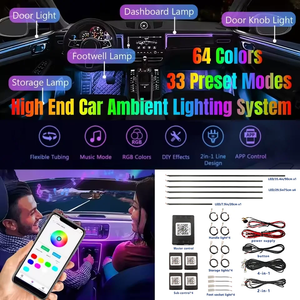 

Universal LED Ambient Light Car Interior Symphony FullColor Streamer RGB 64Color Hidden Acrylic Strip Decoration Atmosphere Lamp