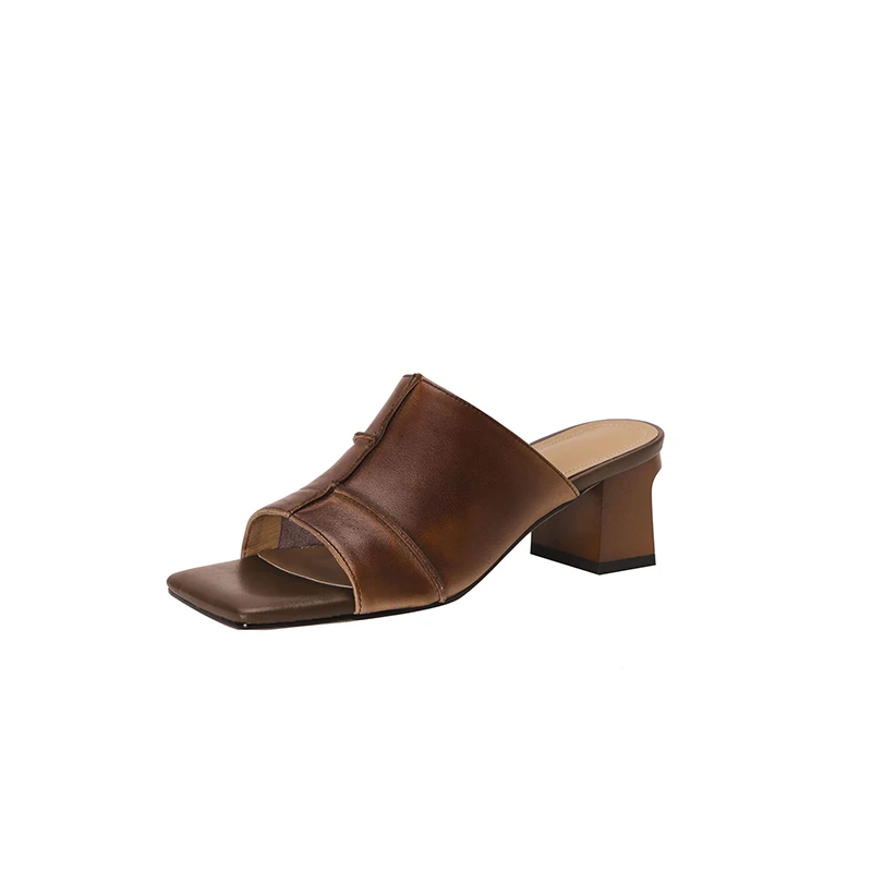 

Luxury Genuine Leather Slide Sandals 5cm Chunky Heel Open Toe Patchwork Black Brown Beige Women Summer Slippers