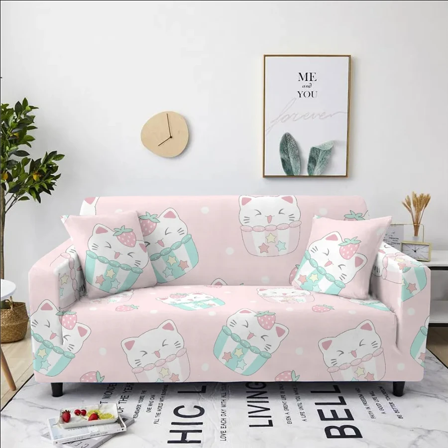 Cute Cat Paper Cup Cake Cartoon Printing Sofa Cover Full Cover Elastic Dust Proof Wrinkle Proof Multi Person Sofa Universal