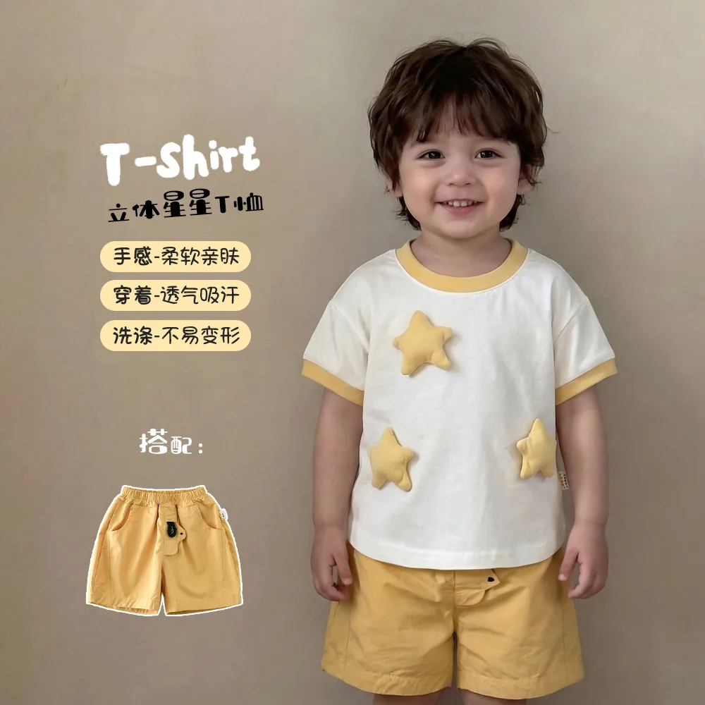 

2026 New Kids Summer 3D Star Print Short Sleeve T-Shirt Soft Cotton Breathable Tops Baby Boys Girls Casual Daily Outdoor Wear