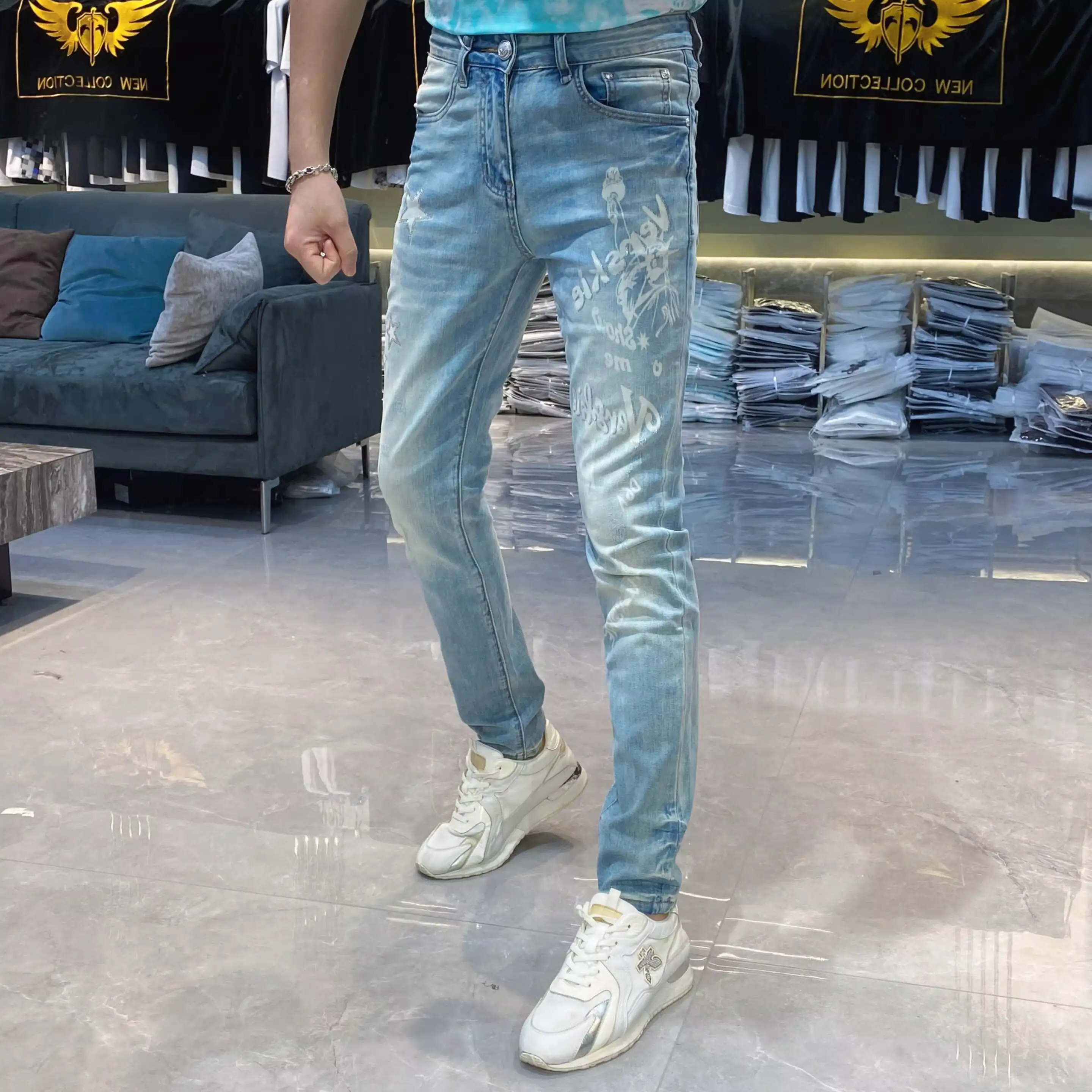 Spring Summer Skinny Jeans For Men Letter Jean Masculina Vaqueros Hombre 2026 European Style Stretch Star Print Blue Jeans Men