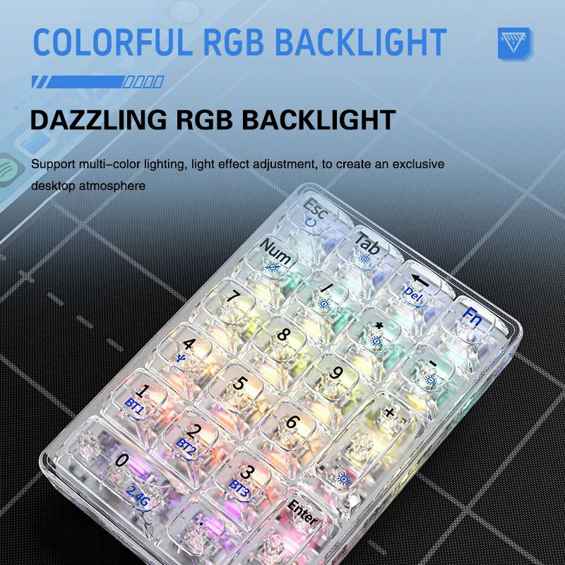 Mini Geléia Teclado Digital Transparente, K21 Teclado Mecânico, Sem Fio, Bluetooth, 3 Modos, Portátil, Pequeno