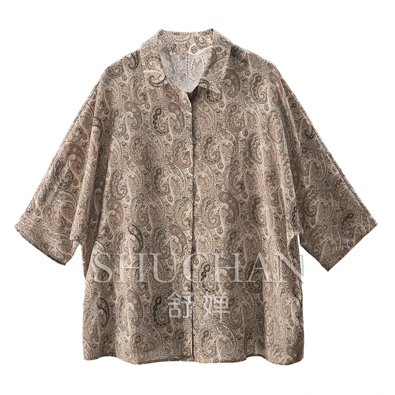 

100% Natural Silk Loose Print Shirt Women 2025 Summer Thin Blusas Mujer De Moda Verano Elegantes Womens Tops
