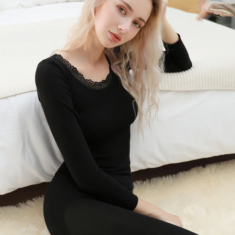 Women Thermal Underwear Set Winter Clothing Warm Suit Lace Print Undershirt Long Sleeve Top Leggings Two Piece Sets Lingerie Set