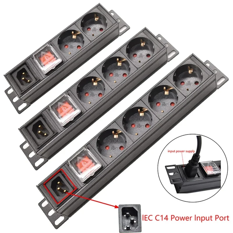 PDU EU Power Strip Distribution Unit Cabinet Rack Mount 2-8 Ways EU German Socket Outlets Switch C14 interface