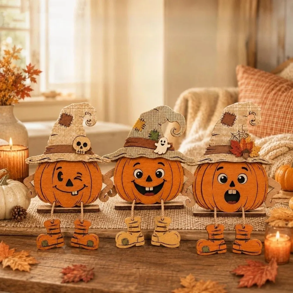 3Pcs 2D Flat Pumpkin-Shaped Wooden Ornaments Pastoral Vintage Halloween Pumpkin Figurine with Legs Stable Base