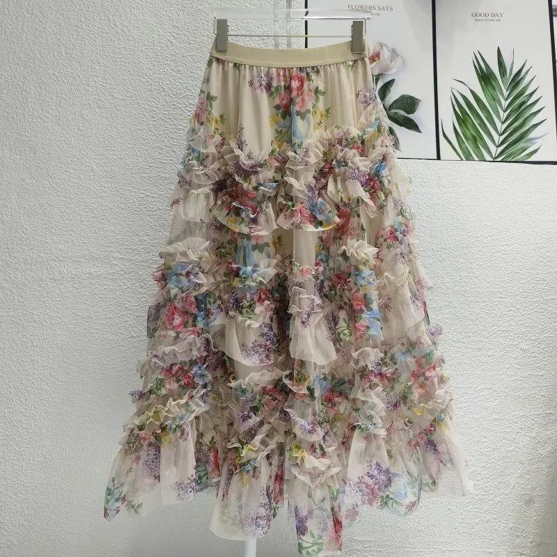 Feminine Irregular Colorful Flower Mesh Skirts Women’s 2024 Summer Fashion Skirt Fairy Temperament Loose Comfort A- Line Skirts