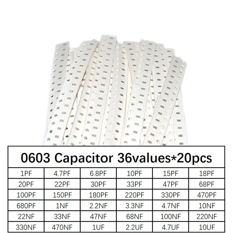 0603 smd Kondensator sortiertes Kit, 36 Werte * 20 stücke = 720 stücke 1pf ~ 10uf Proben Kit elektronisches DIY-Kit