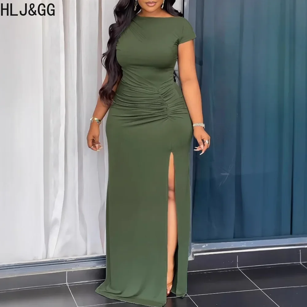 

HLJ&GG Green Casual Solid Drawstring Slit Long Dresses Women Round Neck Short Sleeve Slim Vestidos Female Ruched Bodycon Clothes