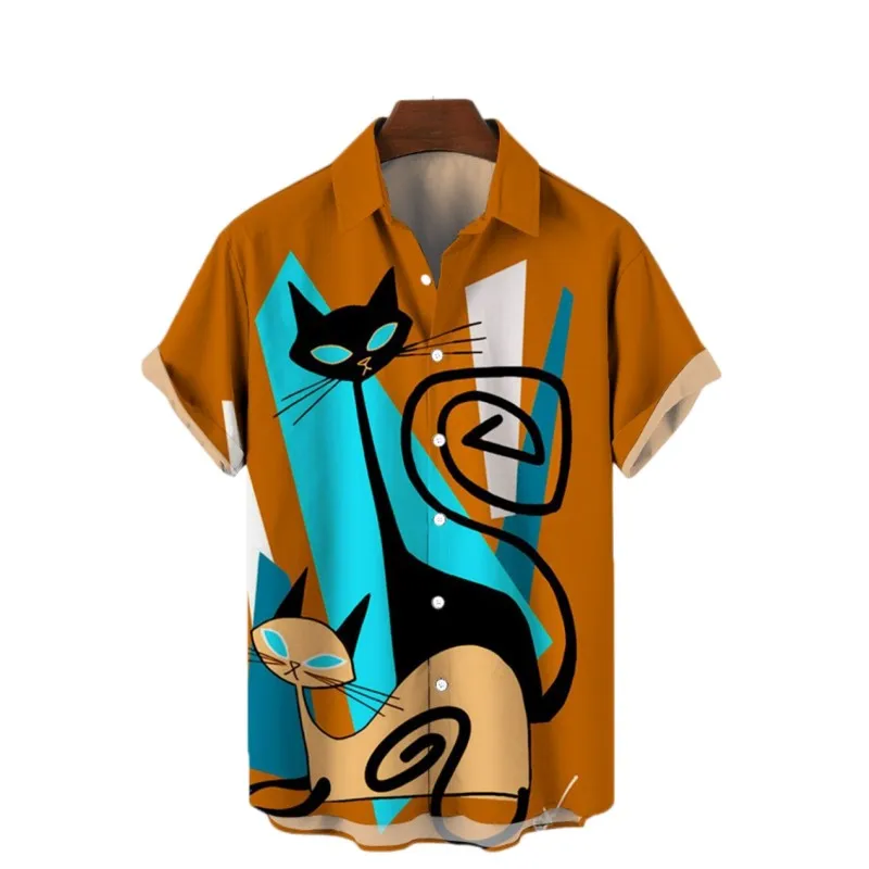 Popular Men's Hawaiian Shirt with Cat Print Short Sleeved Top for Beach Vacation,sunset,Harajuku Men's Casual Unisex Style Shirt