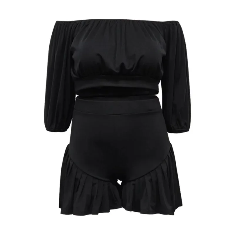 Plus Size Damesset Lange mouw T-shirt met schuine hals en shorts 2025 Zomer Ruches Twee 2-delige set Outfits Trainingspak