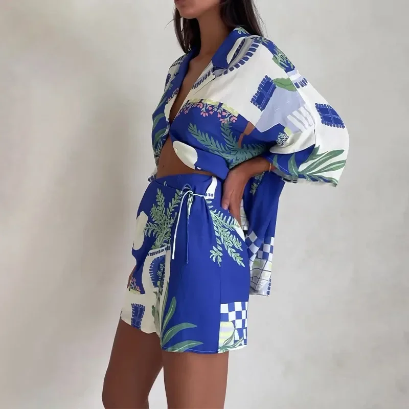 Matching Sets Two Pieces High Waist Print Shorts Short Sets Single Breasted Turn Down Collar Blouses Casual Pockets Autumn