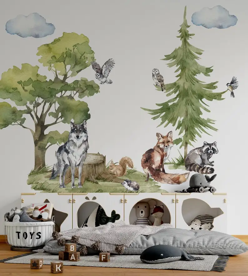 Forest Animals Wall Decal for Kids room, woodland wall decal, wolf wall decal, forest wall mural, Nursery woodland forest trees