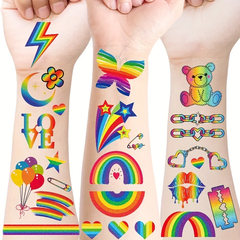 12 Sheets Glitter Rainbow Temporary Tattoo Stickers Pride Day Face Makeup Waterproof Flash Powder Fake Tattoo For Pride Festival