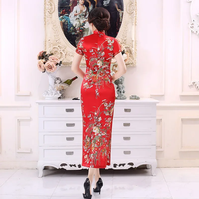 Chinese Traditional Cheongsam Dress Floral&Peacock Vintage Mandarin Collar Qipao Slim Long Cheongsam Oriental Party Costumes view 2