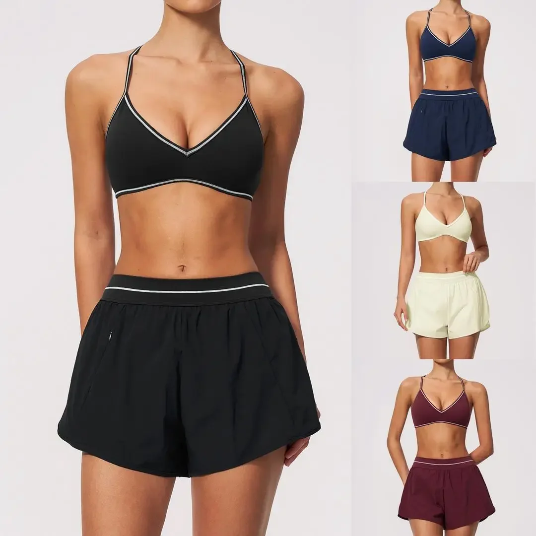 B Women 2Pcs Activewear Set V Back Contrast Piping Shorts with Built in Liner and V Neck Crop Top for Gym Tennis Yoga Sportswea
