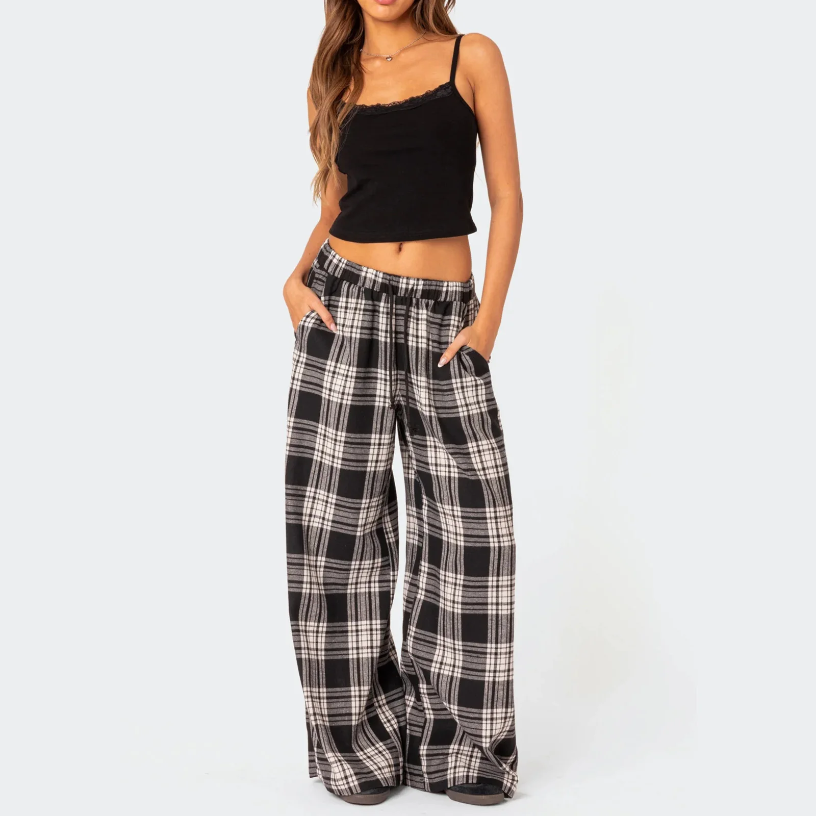 

Combhasaki Women Y2K Vintage Casual Long Trousers Plaid Print Elastic Wide Low Waist Loose Wide Leg Lounging Pants with Pockets