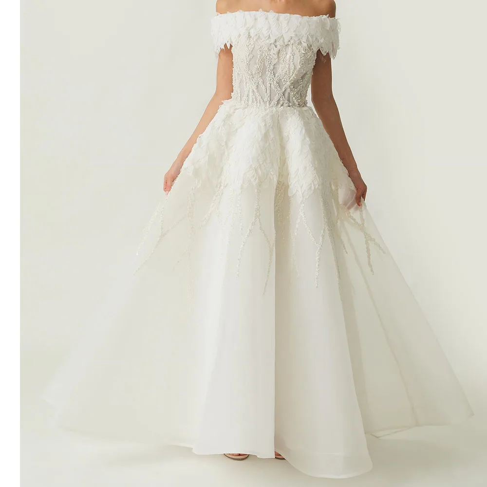 

Customized Organza A-Line Off the Shoulder Sequined and Crystal Evening Dress Boat Neck Short Sleeves Floor Length Panel Train