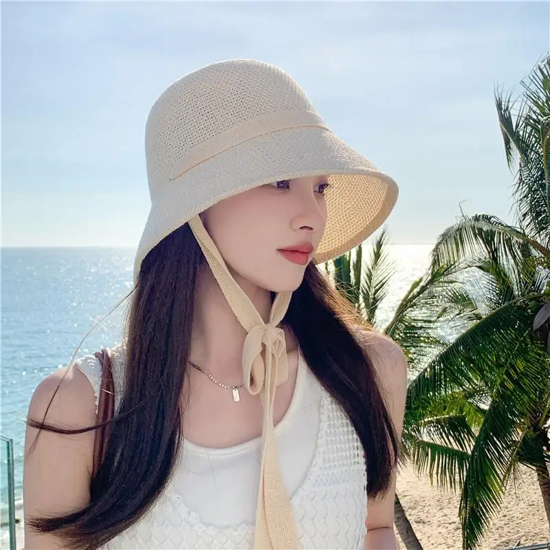 

Summer Women Mesh Breathable Bucket Hat Solid Color Sunshade Lacing Cap Female Outdoor Travel Beach Panama Fisherman Hat