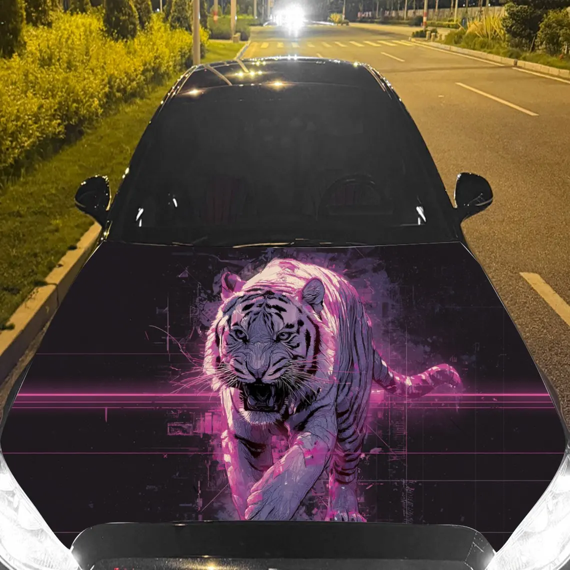 

Car Decal White Tiger with Neon Pink Cyber Artistic Background & Ferocious-High-Tech Aesthetic Car Hood Sticker, Waterproof Self
