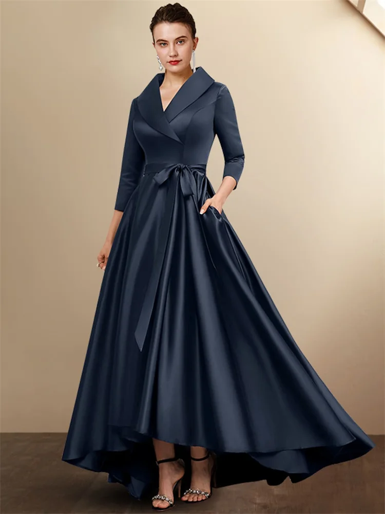 

Customized Mother of the Bride Dress Luxurious V-Neckline Floor Length Silk Satin Three Quarter Sleeve with Sash Ribbon Bow 2025