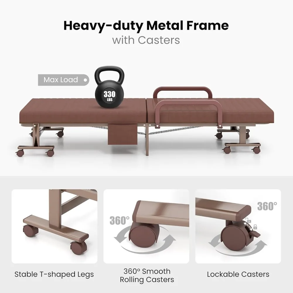 سرير قابل للطي مع مرتبة، سرير ضيوف محمول مع 6 أوضاع قابلة للتعديل وجيب تخزين جانبي، قابل للطي على عجلات لـ H