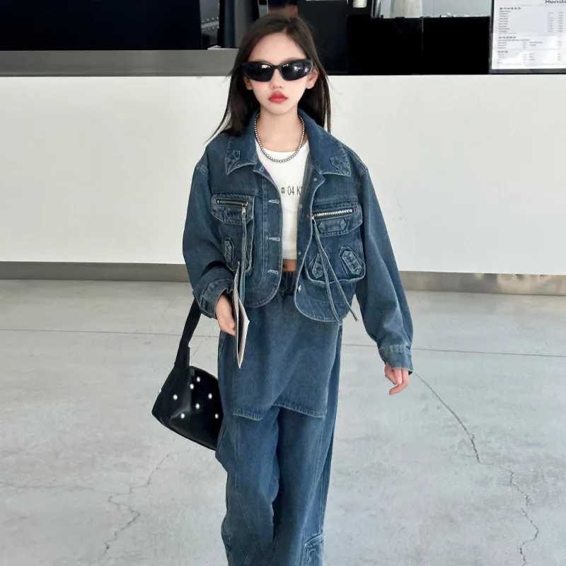 Baby Girl Clothes Suit Girls Denim Set Autumn 2024 New Small Children Short Coat Personality Jeans Fashion Two-piece