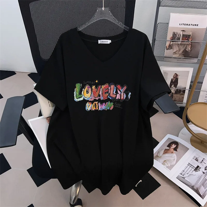 170Kg Plus Size Busto da donna 170 Estate Allentato con scollo a V Manica corta T-shirt Lettera stampata Top Nero Blu 4XL 5XL 6XL 7XL 8XL 9XL