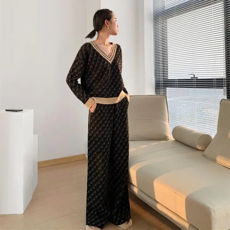 Knitted Trousers Woman Autumn Winter Baggy Pant Sets for Women 2 Pieces Sweater Printing Black Crochet Luxury Outfit Full Classy